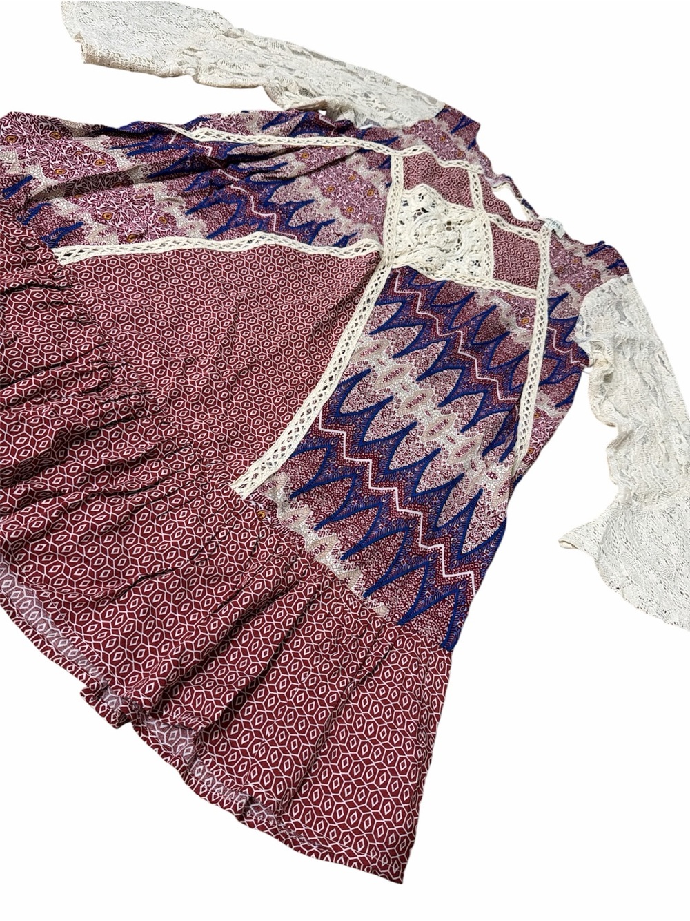 UMGEE Bohemian Patchwork Lace Trim Dress - Burgundy & Navy
